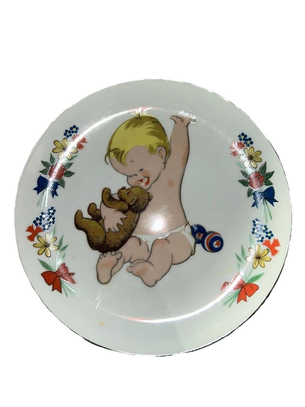 Vintage 1979 Spencer Gifts Infant Baby Teddy Bear Floral Plate 7.25" Japan